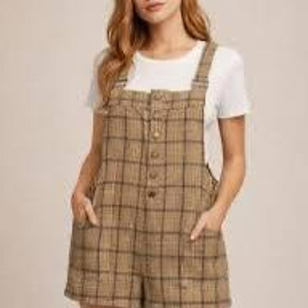 POL brown plaid shortalls size small
